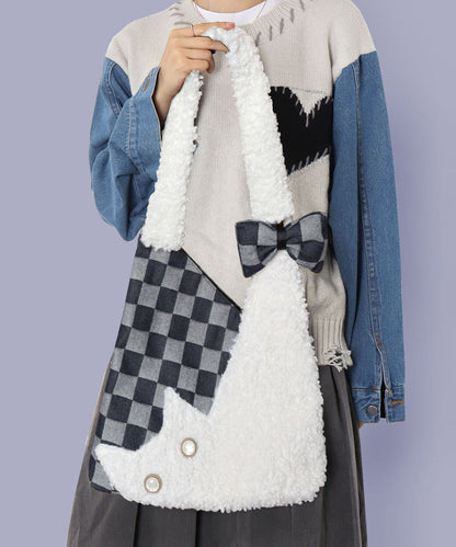 Vintage White Teddy Patchwork Plaid Shoulder Bags