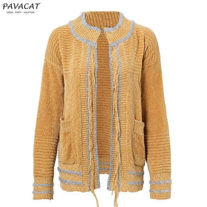 Elegant Chenille Tassel Pocket Sweater Cardigan