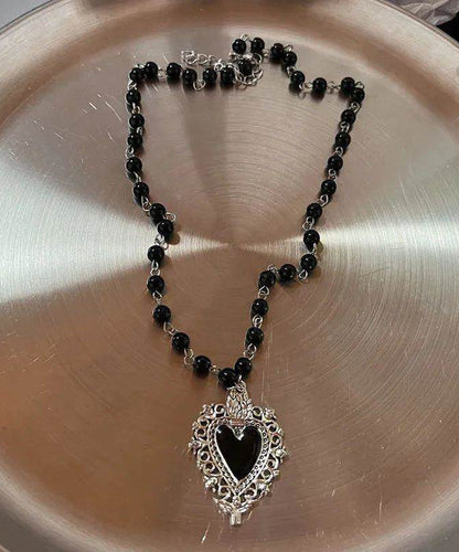 Gothic Black Agate Peach Heart Pendant Necklace