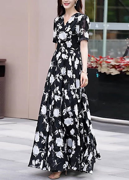 Boho Black V Neck Print Chiffon Long Dress Summer