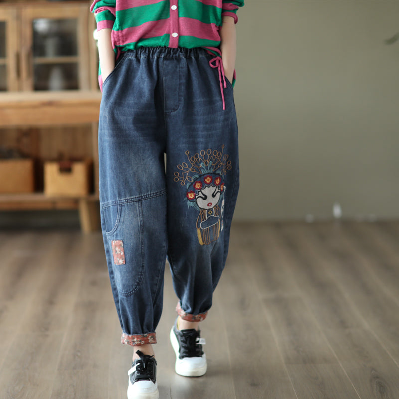 Retro Embroidery Summer Autumn Casual Cotton Jeans