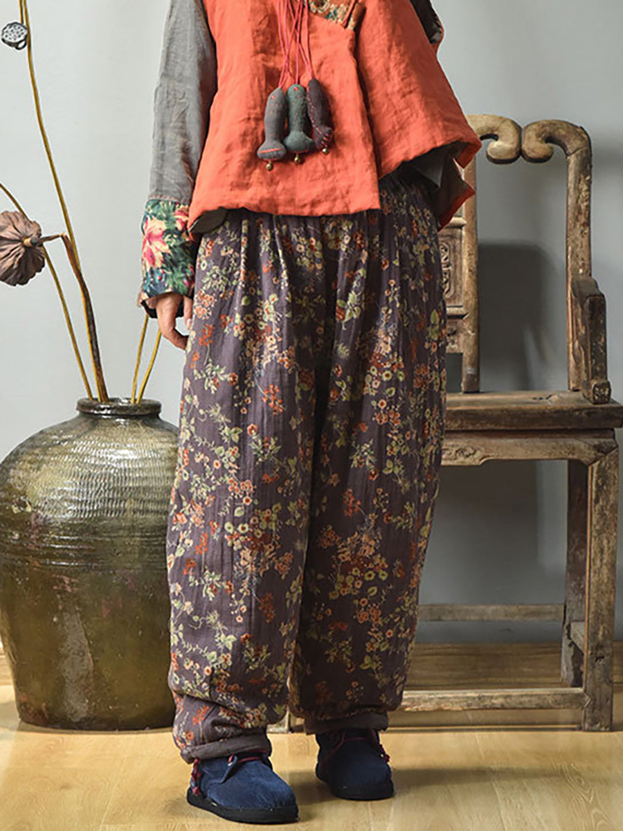 Winter Retro Warm Floral Print Cotton Pants