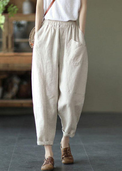 French Beige Elastic Waist Harem Summer Pants Linen