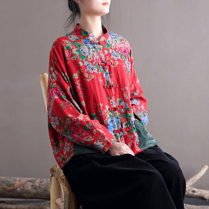 Vintage Blouse Stand Collar Large Flower Long-Sleeved Jacket