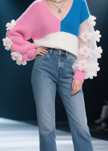 Modern Colorblock Asymmetrical Floral Patchwork Knit Sweater Fall