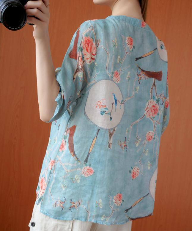 French blue print clothes o neck half sleeve baggy blouse
