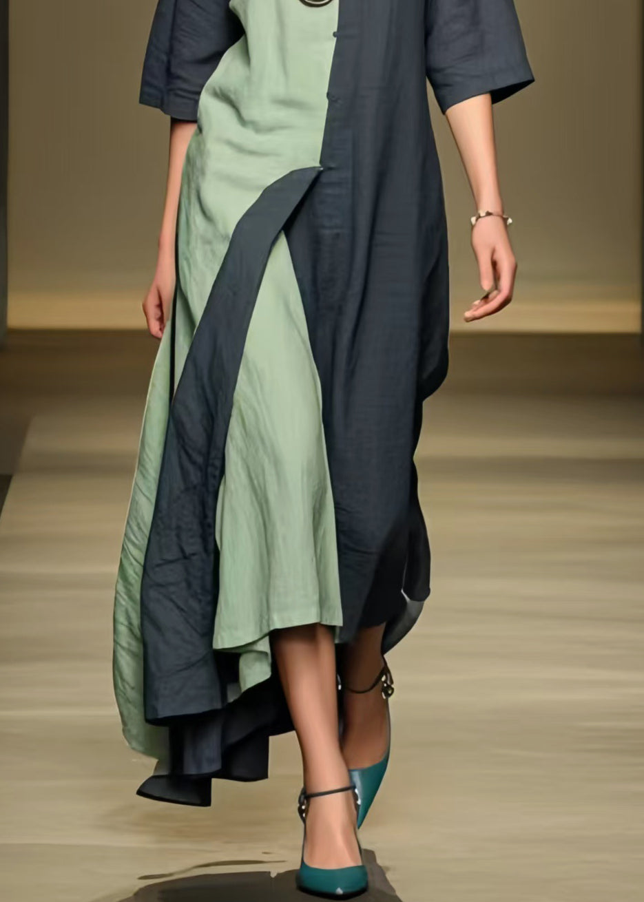 Bohemian Black Asymmetrical Patchwork Cotton Ankle Dress Summer