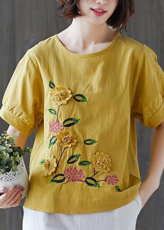 Plus Size Yellow Half Sleeve Cotton Linen Summer Top
