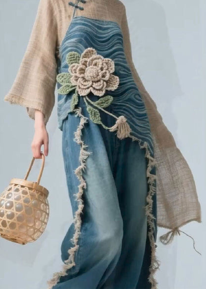 Chic Colorblock Stand Collar Floral Linen Patchwork Blouse Fall