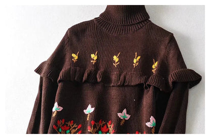 High waist floral embroidery layered decorative loose knit