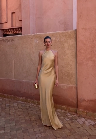 Champagne gold satin backless halter dress