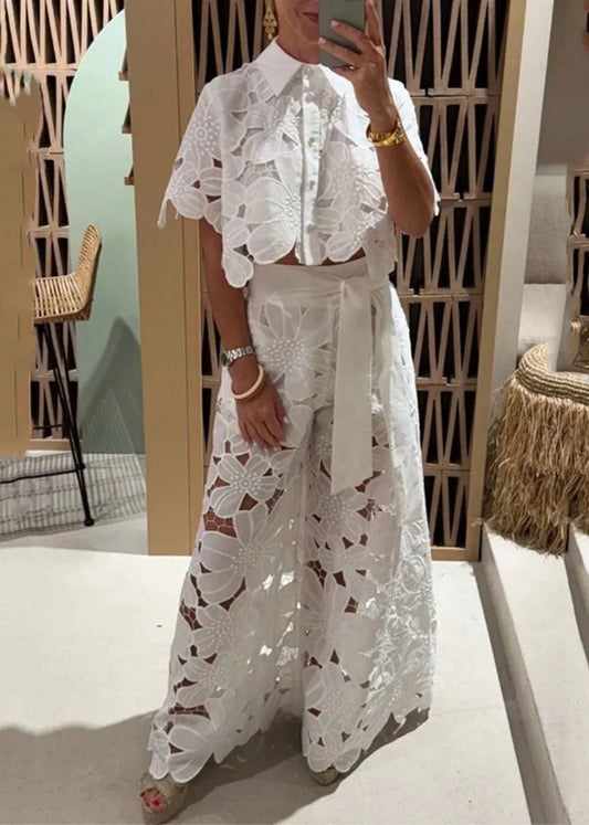 Chic White Hollow Out Shirts And Wide Leg Pants Two Pieces Set Short Sleeve