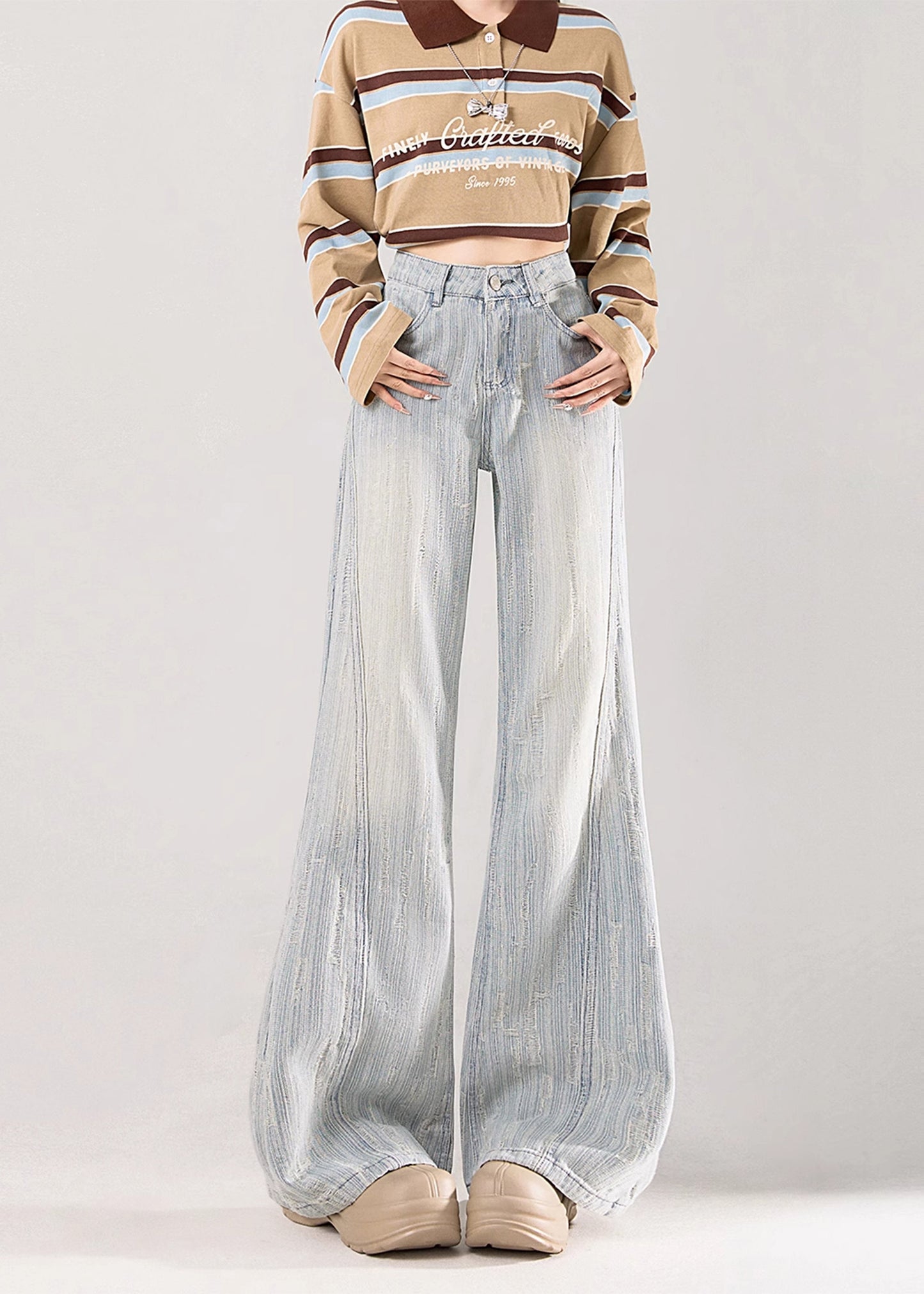 Casual Light Blue Jacquard Striped Denim Flare Bottoms Fall