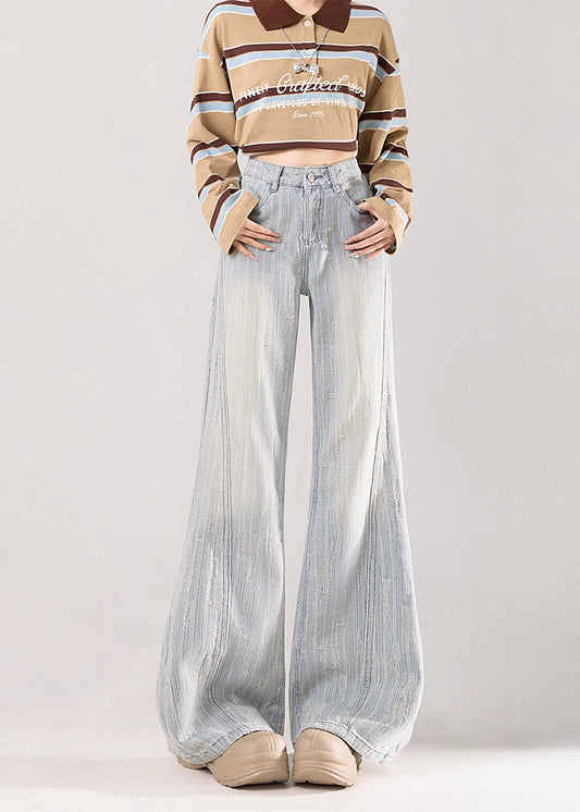 Casual Light Blue Jacquard Striped Denim Flare Bottoms Fall