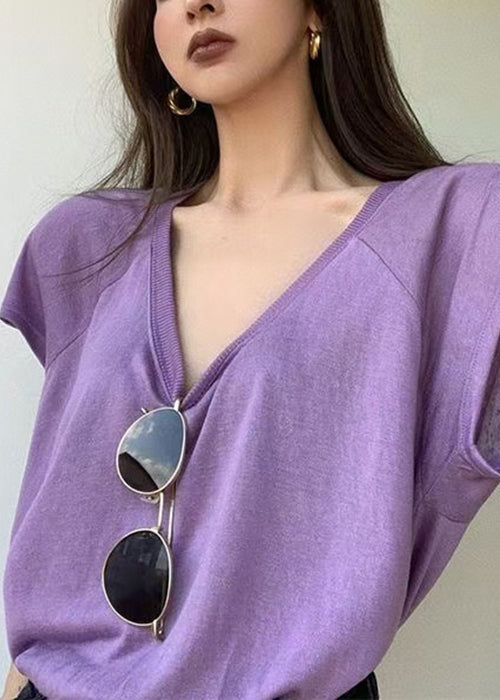 Loose Purple U Neck Solid Cotton T Shirts Summer