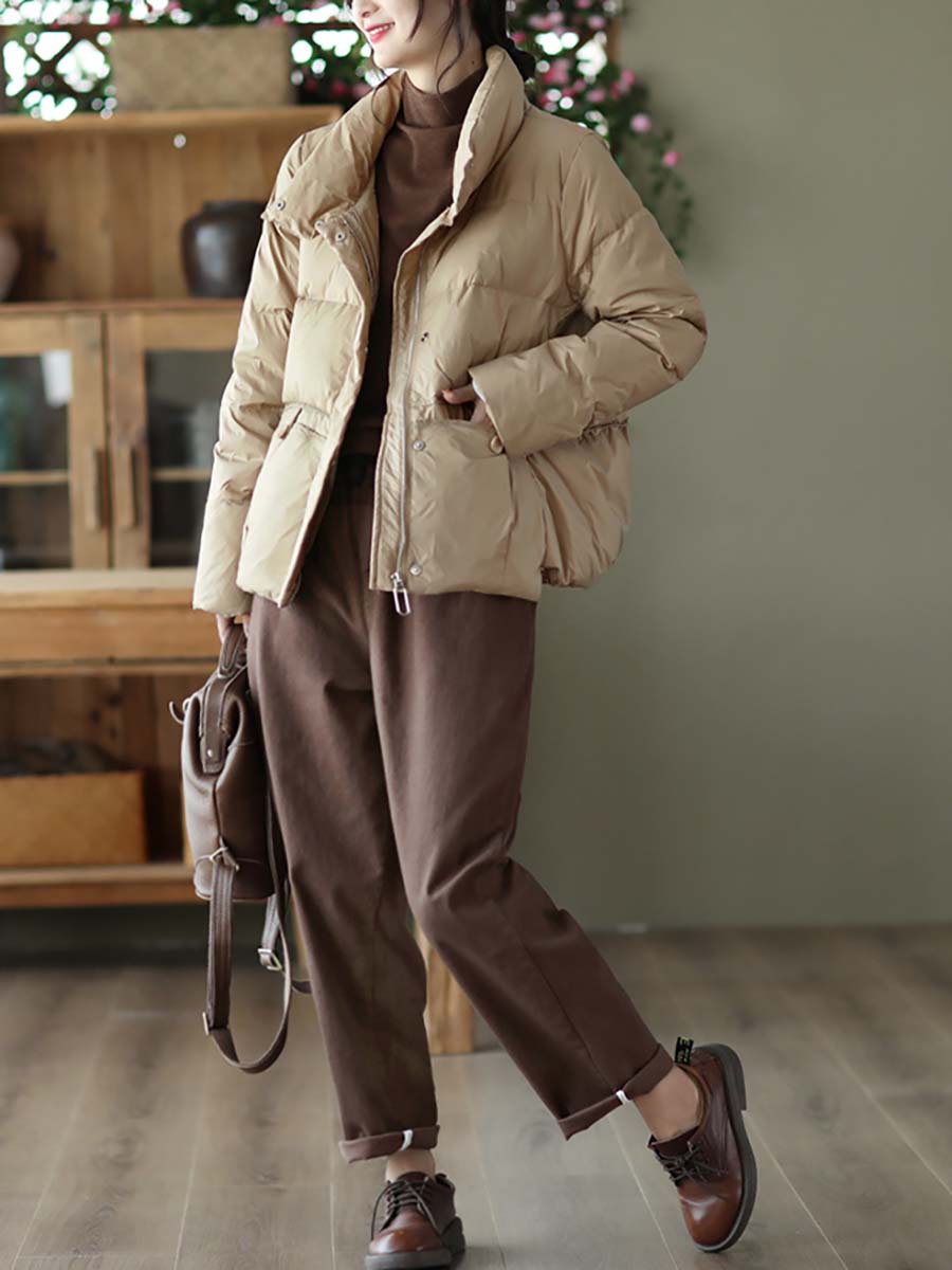 Women Casual Zipper Pocket Solid Warm Down Coat