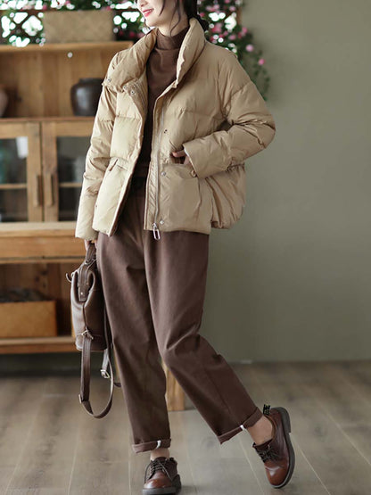 Women Casual Zipper Pocket Solid Warm Down Coat