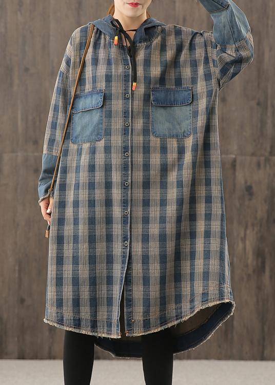 Vivid denim blue plaid Tunic hooded Button Down Plus Size Dress
