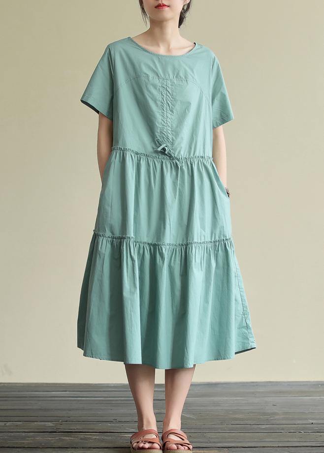 100% o neck drawstring cotton summerdresses Fabrics green Art Dresses