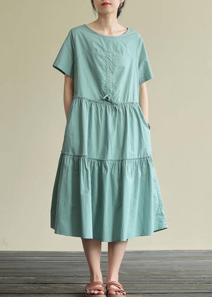 100% o neck drawstring cotton summerdresses Fabrics green Art Dresses