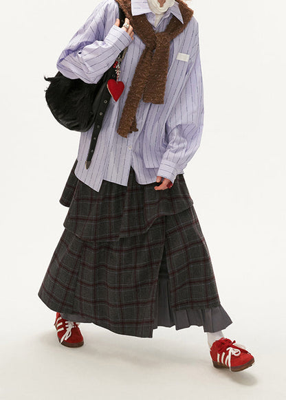 Fashion Grey Plaid False Two Pieces Patchwork Cotton Skirts Spring