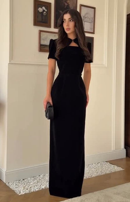 Sexy Short Sleeve Hollow-out Solid Color Waist Tight Dress