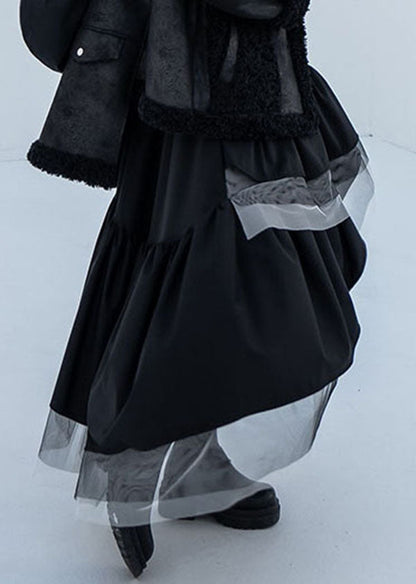 Chic Black Asymmetrical Tulle Patchwork Elastic Waist Cotton A Line Skirt Summer