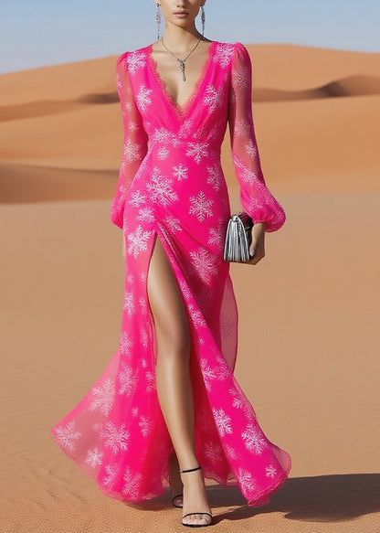 Beautiful Rose Snowflake Print Side Open Chiffon Long Dresses Spring