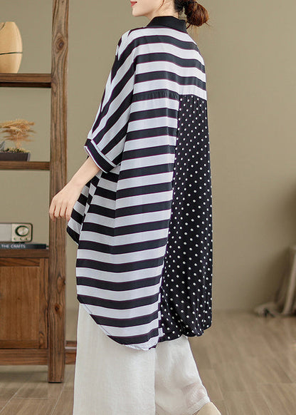 Plus Size Colorblock Peter Pan Collar Low High Design Cotton Shirt Tops Summer