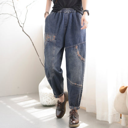 Women Autumn Loose Retro Patchwork Cotton Jeans