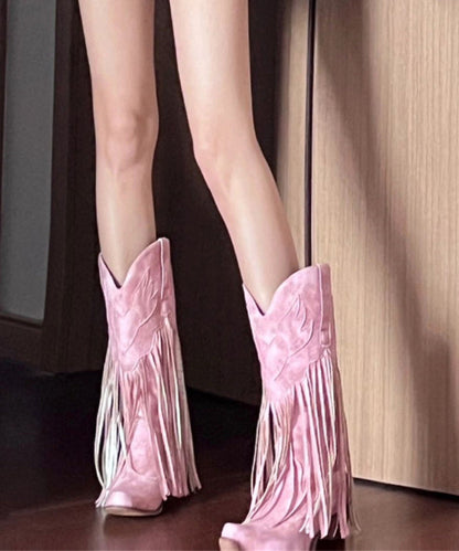 European And American Style Pink Tassel Splicing Chunky Boots Pointed Toe