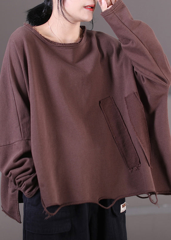 Plus Size Coffee O-Neck Side Open Sweatshirt Fall