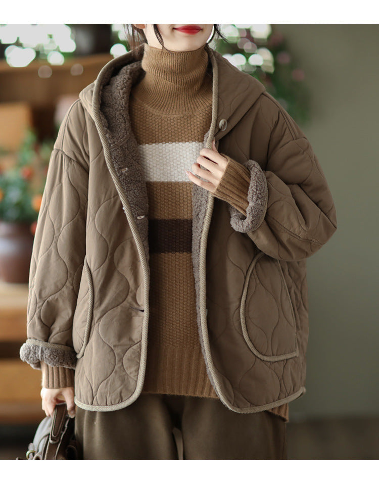Hooded Thickened Diamond Sherpa Wool Thermal Jacket