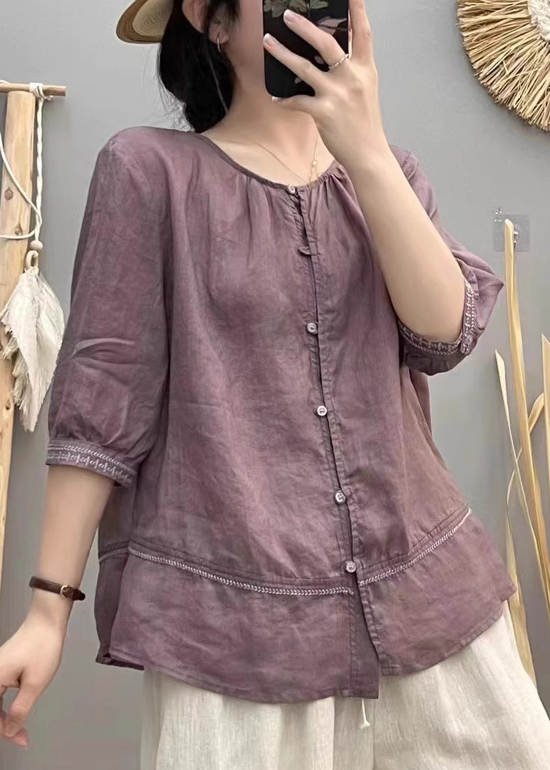 Casual Brick Red Embroidered Patchwork Cotton Blouse Tops Summer