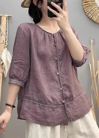Casual Brick Red Embroidered Patchwork Cotton Blouse Tops Summer