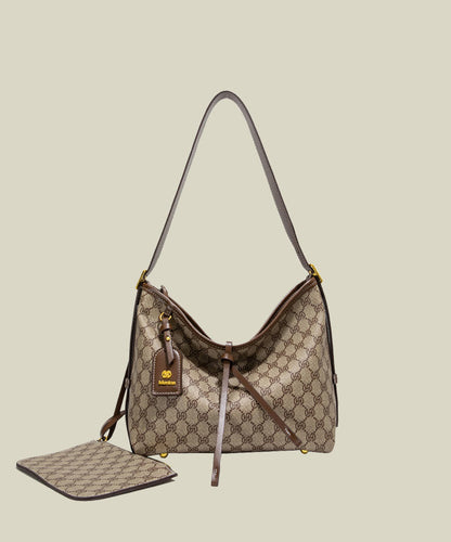 Classy Brown Jacquard Large Capacity Faux Leather Shoulder Bags