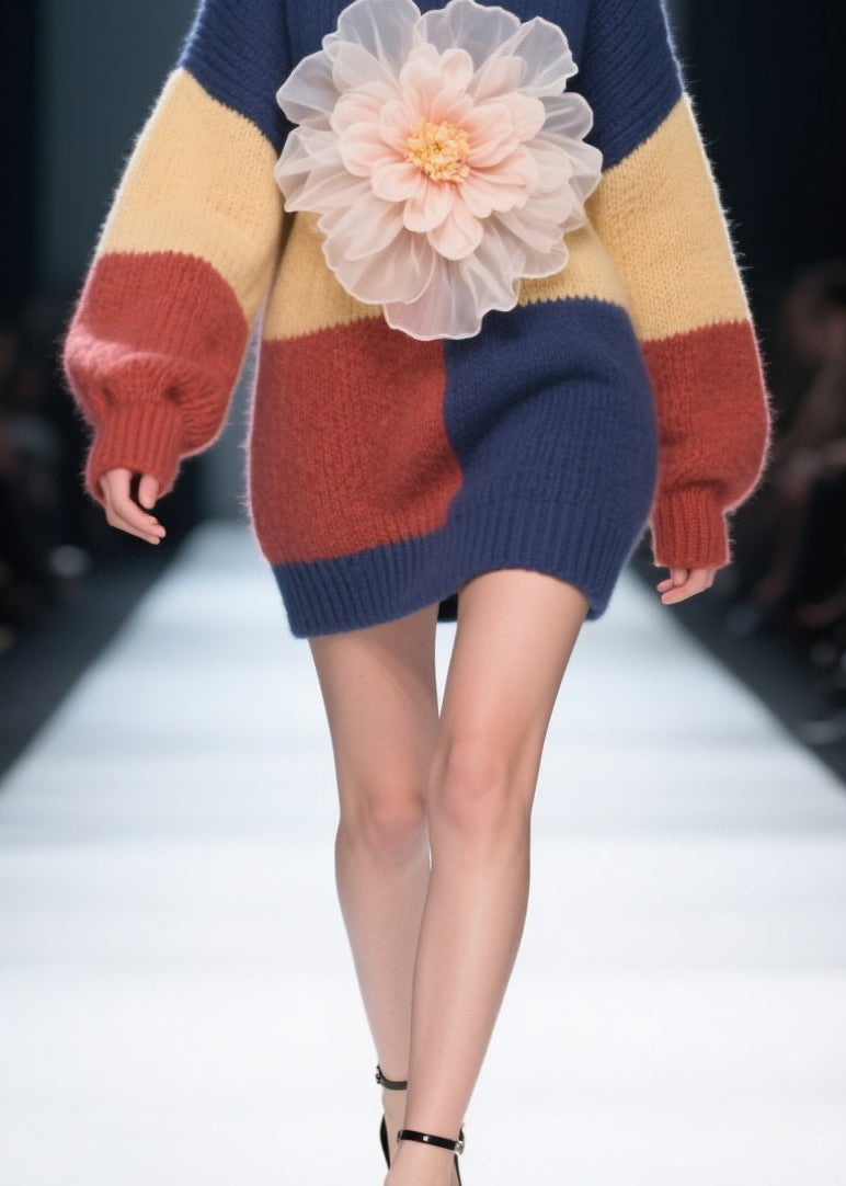 DIY Colorblock O Neck Floral Patchwork Knitwear Dress Fall