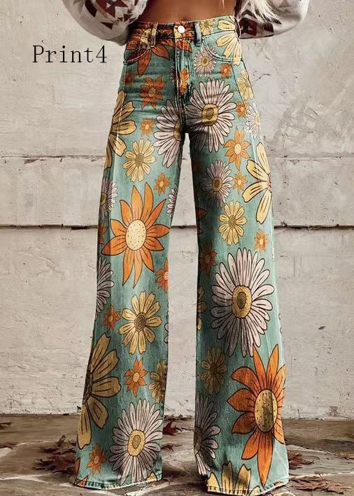 Loose Floral Print High Waist Pockets Denim Pants Spring