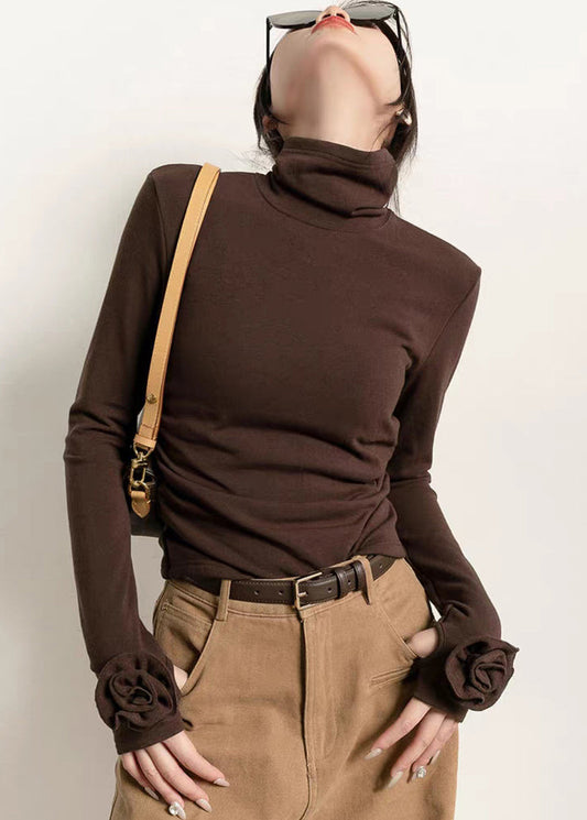 Silm Fit Brown Turtle Neck Flower Decorated Cotton Shirt Fall