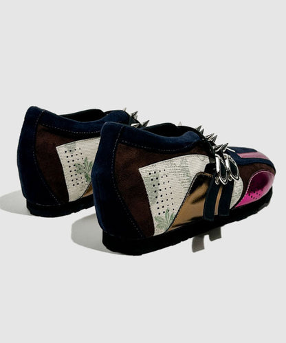 Rose Cowhide Leather Women Splicing Rivet Wedge Heels Shoes