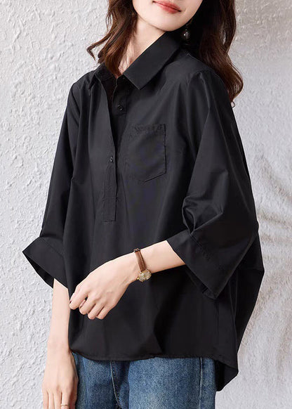 Loose Black Peter Pan Collar Button Cotton Blouse Bracelet Sleeve