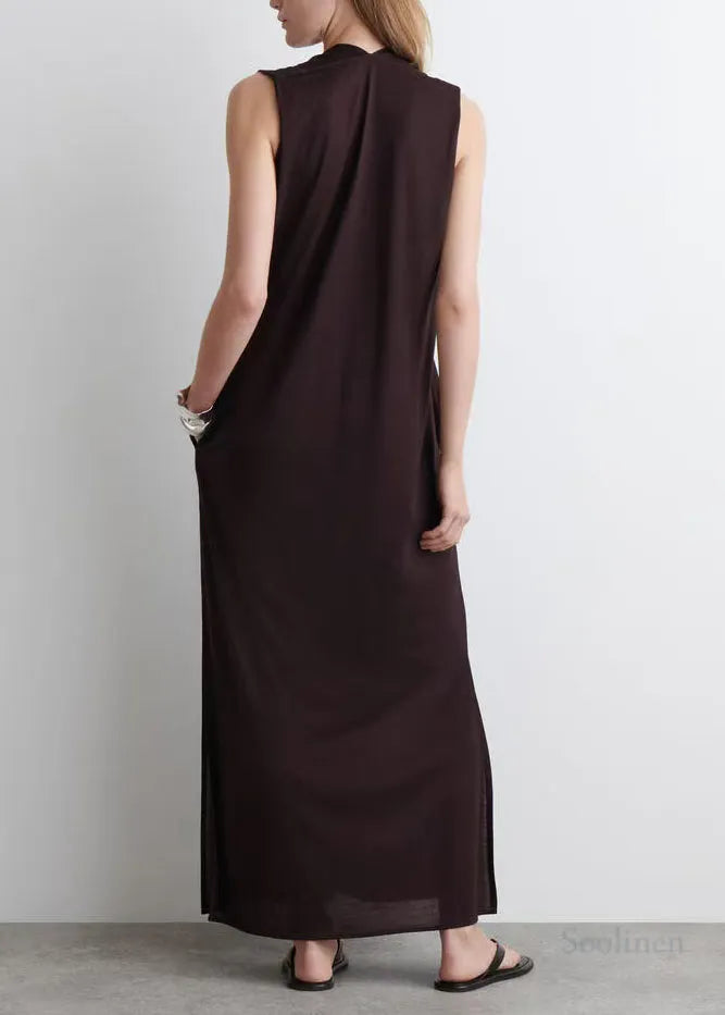 Fashion Chocolate V Neck Cotton Straight Dress Sleeveless
