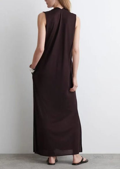 Fashion Chocolate V Neck Cotton Straight Dress Sleeveless