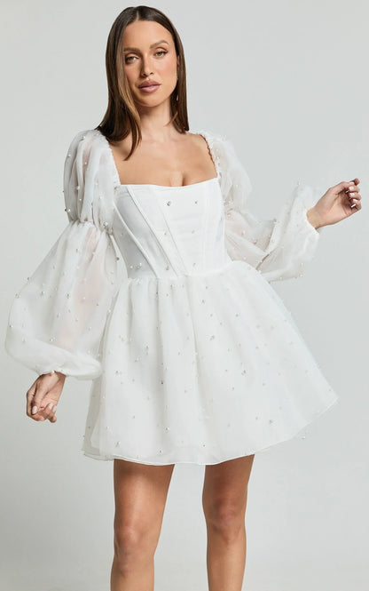 Ingrid Mini Dress - Long Puff Sleeve Pearl Detail Dress In White