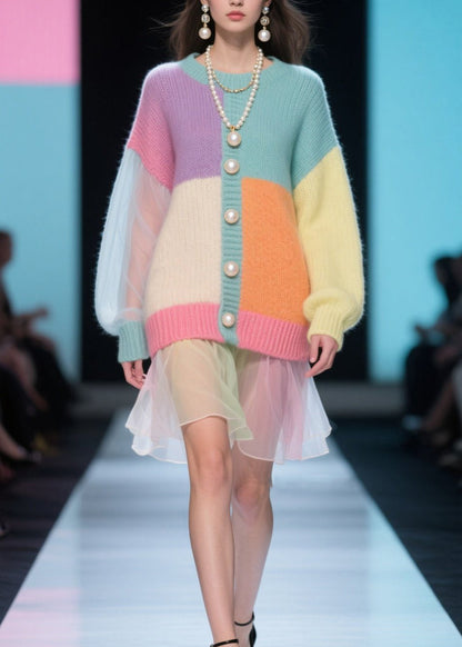 Plus Size Colorblock O Neck Tulle Patchwork Knit Dress Fall
