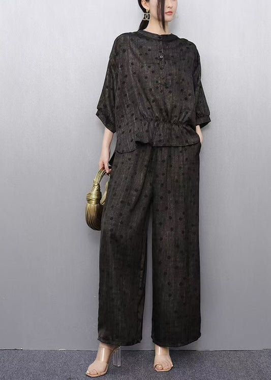 Fitted Black Oversized Print Silk Two Piece Set Women Clothing Summer