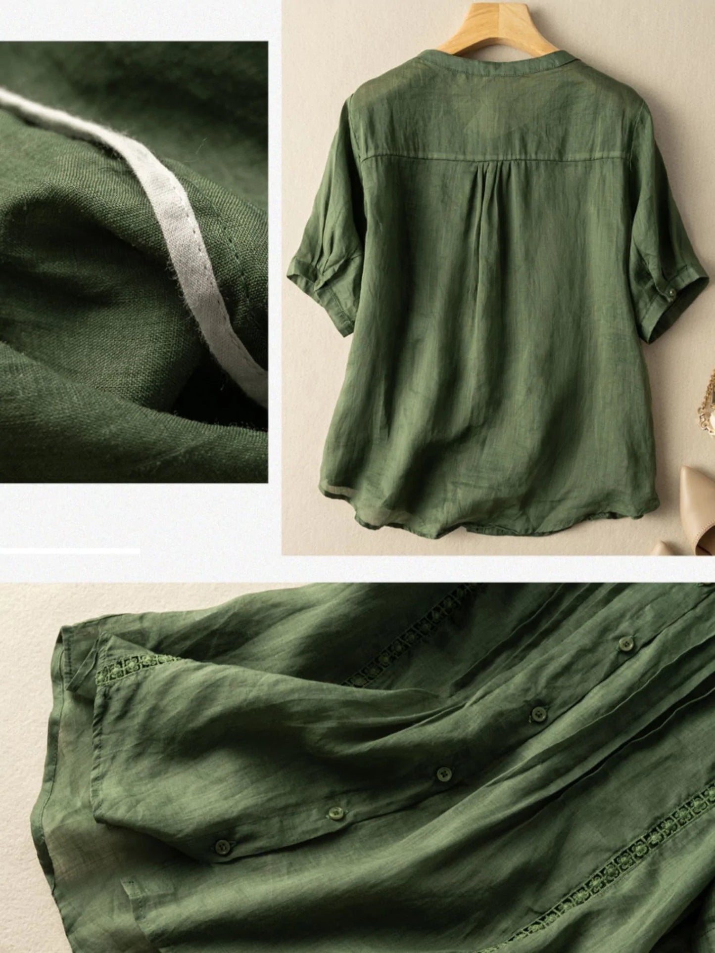 Pure Color Round Neck Short Sleeve Casual Linen Top
