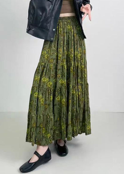 Vintage Green Print Wrinkled Elastic Waist Cotton Skirts Spring