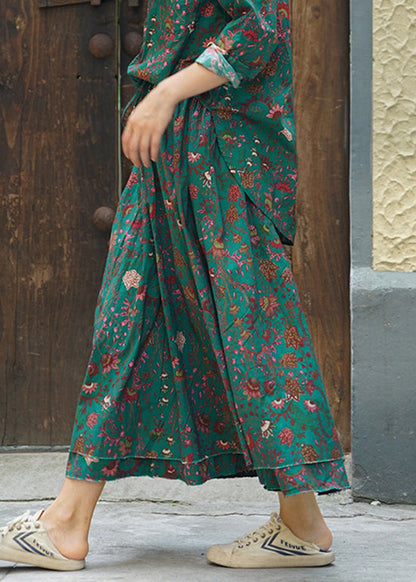 Green Print Cotton A Line Skirts double-deck Spring