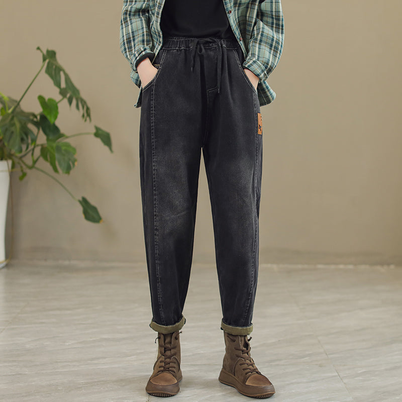 Women Retro Patchwork Winter Fur Harem Jeans